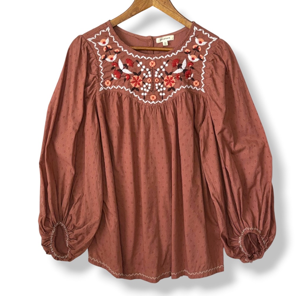Max Studio Blouse L Rust Embroidered Swiss Dot Boho Peasant 100% Cotton Balloon